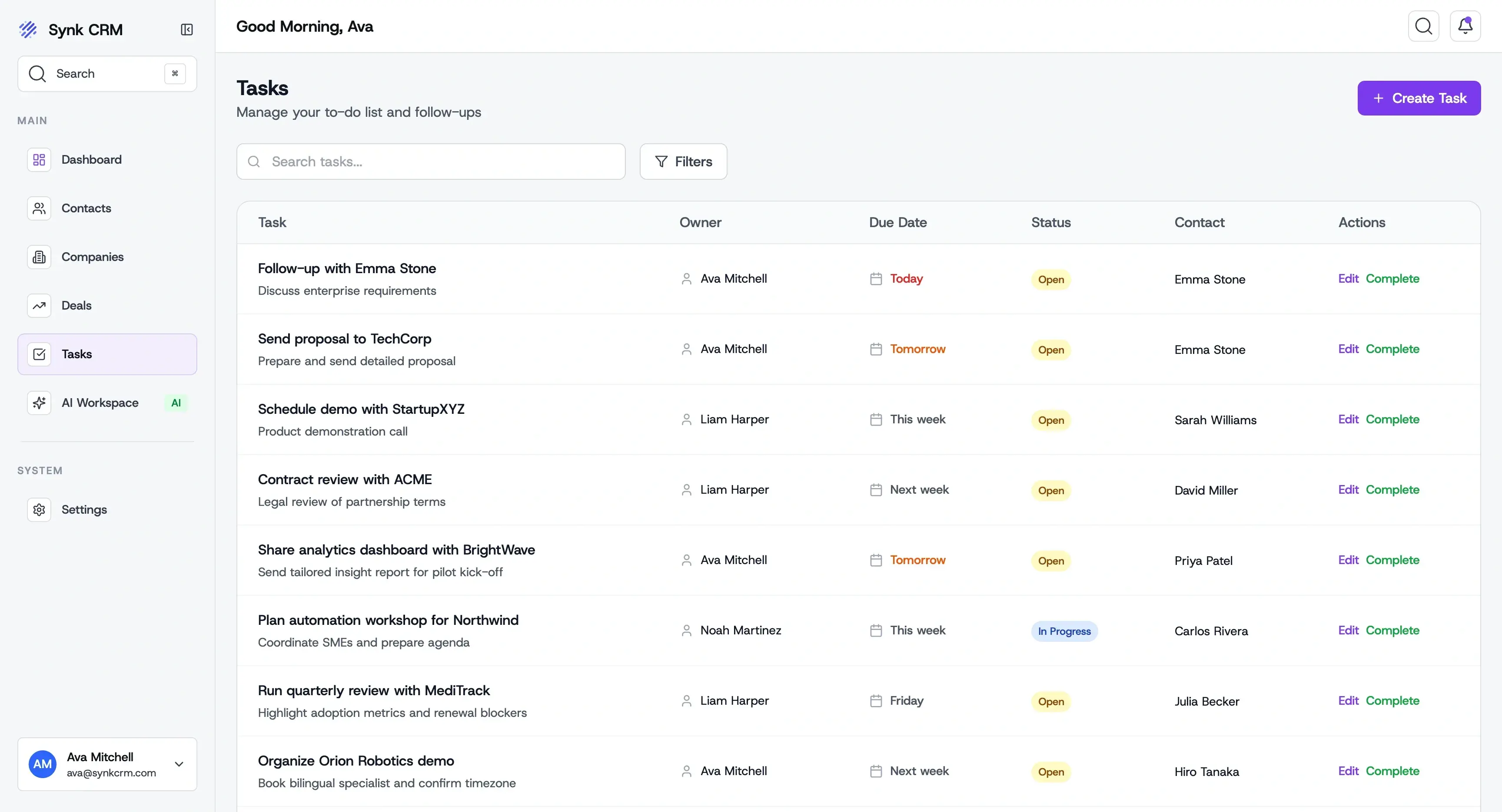 Synk CRM tasks and reminders