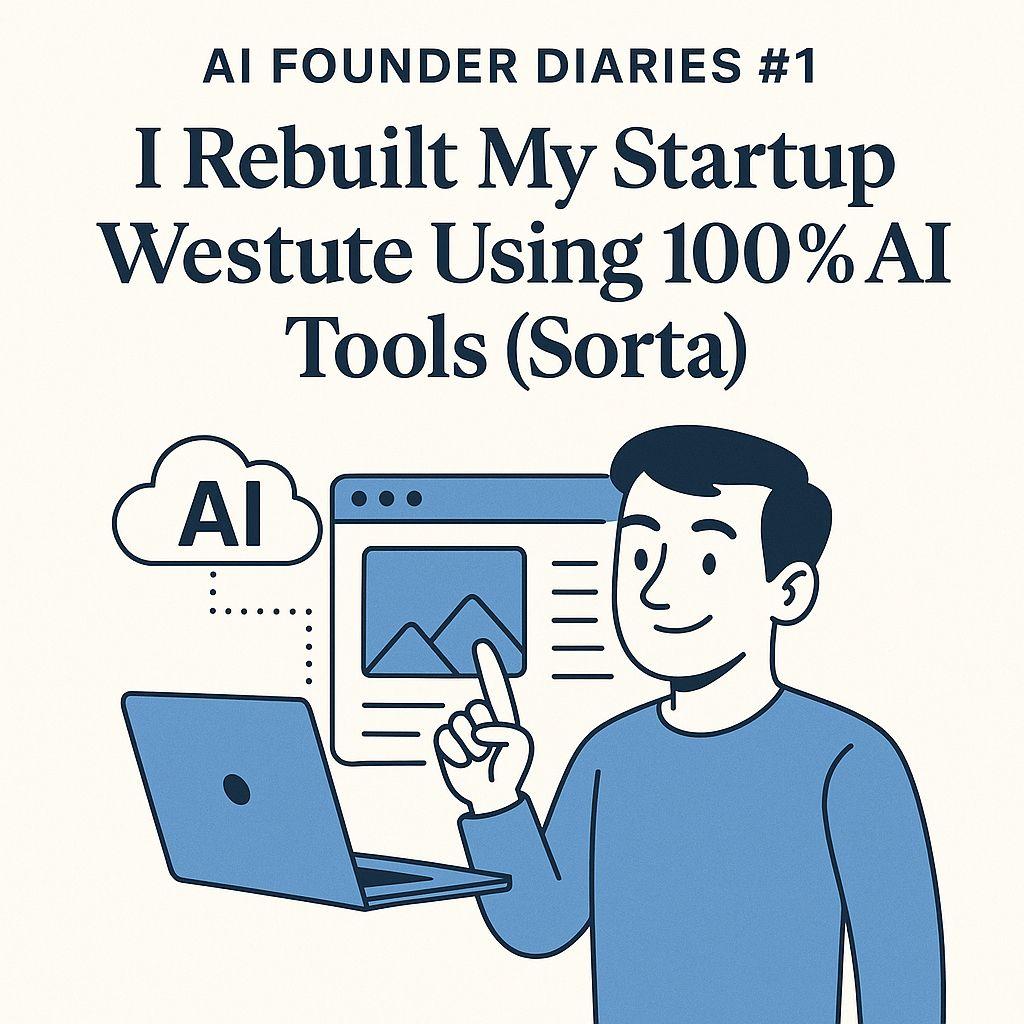 This image is an illustration for an article or video series titled "AI Founder Diaries #1." The main headline reads, "I Rebuilt My Startup Westute Using 100% AI Tools (Sorta)."  The illustration features a stylized cartoon man, smiling and pointing a finger at a laptop screen. The laptop is open, showing a graphical user interface with a simple landscape image and some placeholder lines of text, suggesting a website or application.  Emerging from the laptop and pointing towards a stylized cloud icon is a dotted line. The cloud icon has the letters "AI" written inside it.  The overall color scheme is muted, with a beige background, a dark blue color for the text and the man's shirt and hair, and a lighter blue for the laptop and cloud icon. The style is clean and modern, suitable for tech-related content.