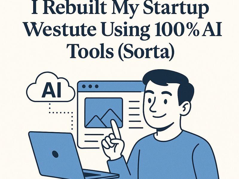 This image is an illustration for an article or video series titled "AI Founder Diaries #1." The main headline reads, "I Rebuilt My Startup Westute Using 100% AI Tools (Sorta)."  The illustration features a stylized cartoon man, smiling and pointing a finger at a laptop screen. The laptop is open, showing a graphical user interface with a simple landscape image and some placeholder lines of text, suggesting a website or application.  Emerging from the laptop and pointing towards a stylized cloud icon is a dotted line. The cloud icon has the letters "AI" written inside it.  The overall color scheme is muted, with a beige background, a dark blue color for the text and the man's shirt and hair, and a lighter blue for the laptop and cloud icon. The style is clean and modern, suitable for tech-related content.