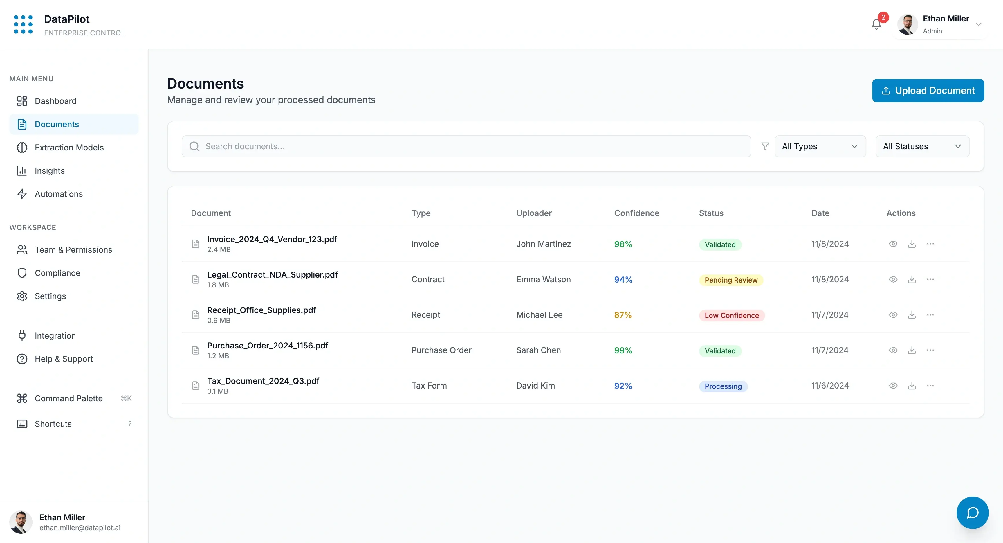 DataPilot parsing and extraction status